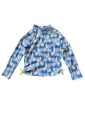 MINI BODEN Tropical Swim RashGuard Top Girls 7-8 Blue Parrots Birds Swim Top
